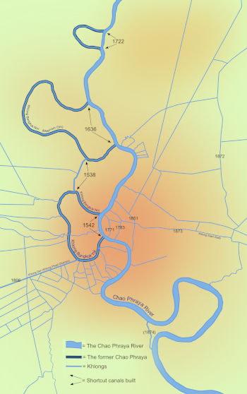 Der er lavet flere kunstige genveje på Chao Phraya gennem tiden. Kunstige genveje