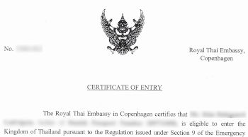 COE til indrejse i Thailand. COE